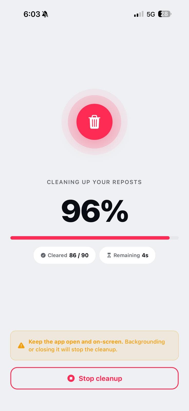 UnReposter removing TikTok reposts with a live progress counter