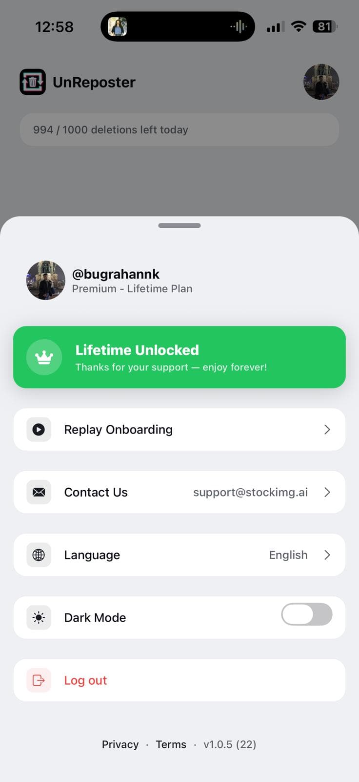 UnReposter privacy and account settings