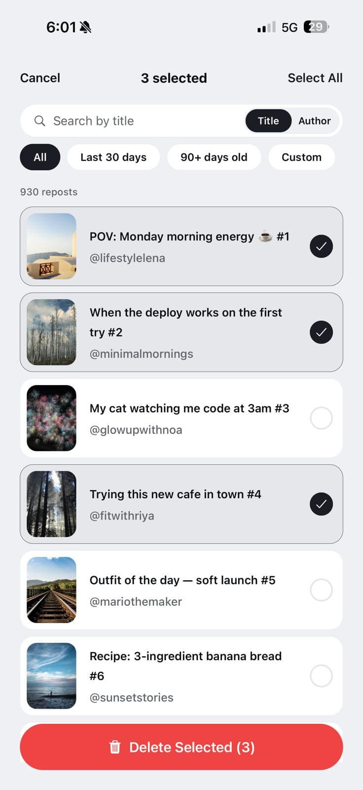 Search and date filters narrowing a TikTok repost list